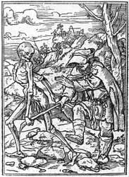 Simuleringarna av Hans Holbein den yngres (1497-1543) död: de blinda. Döden tar tag i den blindes käpp och fungerar som en guide. Gravyr.