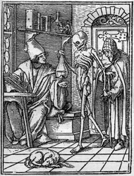 Simuleringarna av Hans Holbein den yngres (1497-1543) död: doktorn. Döden kommer mellan läkaren och hans patient. Gravyr.
