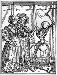 Simuleringarna av Hans Holbein den yngres (1497-1543) död: männen. Döden spelar trumman inför ett par. Gravyr.