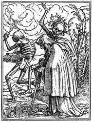 Simuleringarna av Hans Holbein den yngres död (1497-1543): den gamla. Döden följer med en gammal dam till hennes öde. Gravyr.
