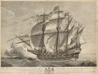 Detta tryck är den exakta avbildningen av det stora skeppet Great Harry som byggdes vid Hans Majestäts varv i Woolwich under kung Henry den 8:e Anno 1514...