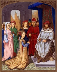 Drottningen av Saba före Salomo - Miniatyr av kardinal Grimanis breviarium tillskriven Memling, Biblioteca Marciana, Venedig.