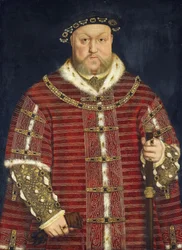 Henri VIII - Porträtt av kung Henrik VIII av England par Holbein, Hans, den yngre, Workshop av . Olja på trä, storlek: 93x68