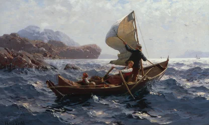 Kvinna, man och barn i en Oselver (olja på duk)