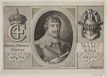 Kristian IV. Illustration för Peder Vinstrup, "Den danske hornblåsaren", 1644