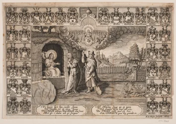 Titelsida till begravningspredikan för Ida Langs med skildring av Kristus som trädgårdsmästare och Maria Magdalena