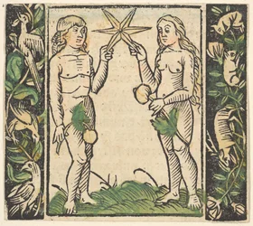 Adam och Eva håller en stjärna, illustration från Decided Gart des Rosary Mariae.