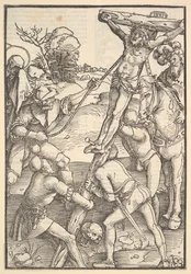 The Raising of the Cross, verso: The Raising of the Cross, från Speculum Passionis Domini ..., 1507.