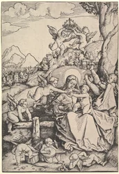 Jungfrun och barnet med åtta änglar i ett landskap, 1511.