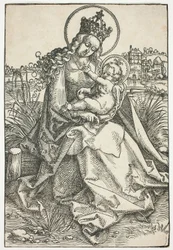 Madonna och barn på en gräsbevuxen bänk