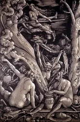 Häxornas sabbat, gravyr av Hans Baldung Green, tysk målare, gravör och serietecknare (1484-1545).
