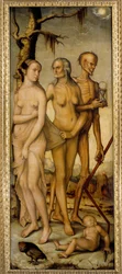 Livets åldrar En ung kvinna, en gammal man och ett skelett som håller ett timglas. Målning av Hans Baldung dit Grien (1484-1545) 1540 Dim. 1,51 x 0,61 m Madrid, Pradomuseet