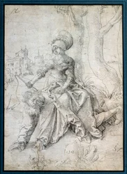 Kvinnan som rider mannen: Phyllis sitter på ryggen av Aristoteles som går på alla fyra. Teckning av Grien Hans Baldung (1484-1545) Ec. Allt.