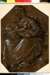 "Jungfru och barn" (Jungfru och barn) Teckning med bläck och penna på brunt papper av Hans Baldung (1484-1545) Pushkin-museet från 1500-talet, Moskva