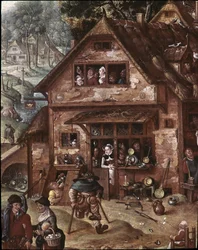 Utsikt över byn med burleska scener. Detalj av krogen