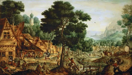 Byflamand - flamländskt byliv - Hans Bol (1534-1593). Olja på trä, ca 1562. Mått: 49,5x83,8 cm. Konsthistoriska museet, Vienne