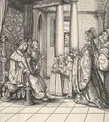 Den vita kungen tar emot sin dotter Margareta och kung Philips barn, från Der Weisskunig, 1514-16