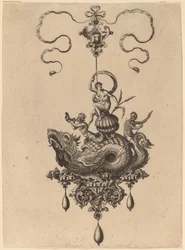 Design för ett hänge med havsmonster som bär en kvinna på ett skal flankerat av en Triton och en man med en åra
