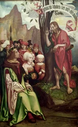 Johannes Döparen predikar inför Herodes, från Johannes Triptyk, 1514 (tempera på panel)