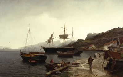 Fiskesmack (båt) i hamnen, Kleven, Mandal
