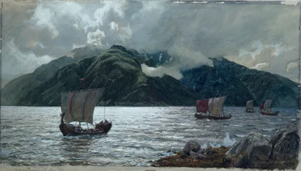 Vikingaskepp, Sognefjord (akvarell, penna, penna och gouache på papper)