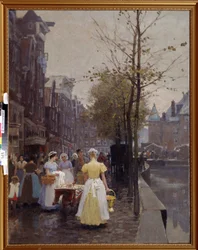 ""Oktobermorgon på gatorna i Amsterdam"" (An October Morning in Amsterdam) Tjänstefolket är upptagna på gatorna. Målning av Hans Hermann (1813-1890) 1800-talets regionala konstmuseum, Simferopol Ukraina