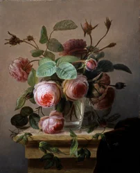 Stilleben med rosa rosor i glasvas. Målning av Hans Hermann (1813-1890) Privat samling.