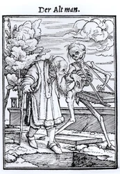 Döden och den gamle mannen, ur "Dödsdansen", graverad av Hans Lützelbürger, ca 1538