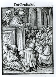 Döden och predikanten, ur "Dödsdansen", graverad av Hans Lutzelburger, ca 1538