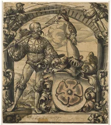 Design för en heraldisk panel av målat glas, 1522 (penna och svart bläck med tvätt)