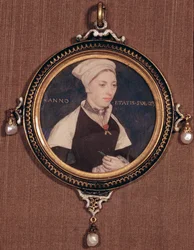 Miniatyrporträtt av Jane Small, tidigare känd som Mrs. Robert Pemberton, ca 1540 (wc på veläng monterat på spelkort)