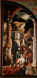 Altartavla Oberried: ”The Adoration of Shepherds”” Detrempe på trä av Hans Holbein den unge (1497/8-1543) 1521-1522 Sön. 231x109 cm Cathedrale de Fribourg, Schweiz