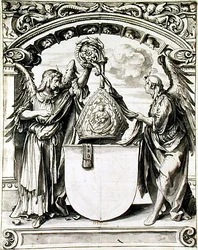 Design för en glasmålning, c.1520 (penna och grå tvätt med svart krita på papper)