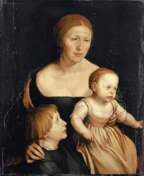 Porträtt av konstnärens hustru med de två äldre barnen, 1528-29 (blandmaterial på papper monterat på trä)