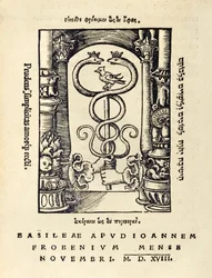 Skrivarmärke av Johann Frobens (ca 1460 -1527) som visar två händer som håller caduceus från 1518 års tredje upplaga av "Utopia" av Sir Thomas More (1478-1535) publicerad först 1516. Träsnitt av Hans Holbein den yngre (ca. 1497-1543)