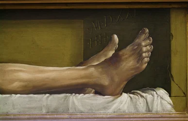 The Body of the Dead Christ, detalj av fötterna och signatur och datum för verket, 1521 tempera på limewood