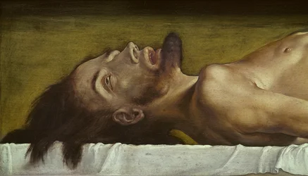 The Body of the Dead Christ, detalj av huvudet, 1521 tempera på limewood