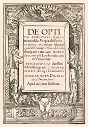 Titelsida från 1518 års Basel tredje upplagan av "Utopia" av Sir Thomas More (1478-1535) publicerad första gången 1516. Träsnitt av Hans Holbein den yngre (ca 1497-1543) med namn i kartuscherna uppe till vänster och höger, dekorativ gräns av putti och skri