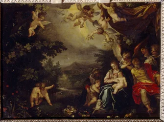 Den heliga familjen med Saint Elizabeth och Saint John the Baptist. Målning av Hans Rottenhammer Groin (1564-1625), olja på koppar. Tysk konst, sent 1500-1600-tal, barockkonst. State A. Pushkin Museum of Fine Arts, Moskva.