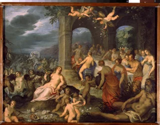 Gudarnas festmåltid, Peleus och Thetis bröllop. Till vänster havsgudomar, tritoner och najader. I mitten jordgudinnan Tellus Mater, eller Terra Mater eller Gaia, med ett ymnighetshorn