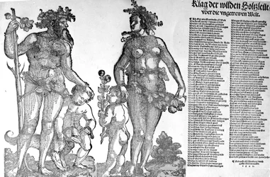 Bredsida om tillbakadragandet av de vilda männen i skogen från en värld som har förändrats till det sämre, träsnitt gjort av Hans Guldenmund, 1545