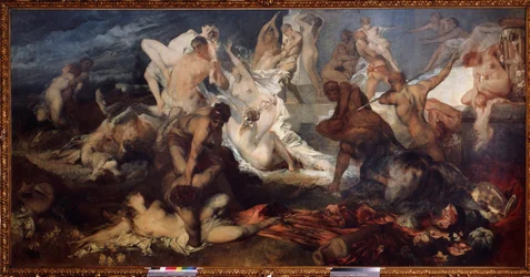 Slaget vid Kentaurerna och Lapiterna eller Laphiterna (Slaget om Kentaurerna och Lapiterna). I den grekiska mytologin slaktade lapiterna kentaurerna. Målning av Hans Makart (1840-1884). Olja på duk. Österrikisk konst, art nouveau-period. State Museum of F
