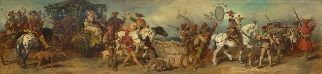 Utkast till festtåget 1879 - Jaktgrupp med trofévagn