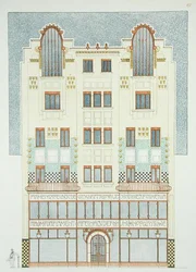 Design för en femvåningsbyggnad, tidigt 1900-tal, från "Documents Architecture Moderne" (litho i färg)