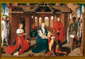 Tillbedjan av Magi. Centralpanel av triptyken Prado (olja på trä, ca 1470)