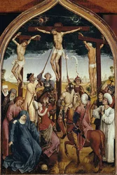 Korsfästelse, högra delen av diptyken av Jeanne de France (Crucifixion, från Jeanne av Frankrikes diptyk) - Målning av Hans Memling (1435/40-1494), olja på trä, 52x36 cm. Chantilly, Musee Conde.