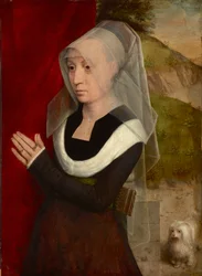 Femme en priere avec son chien - Bedjande kvinna med sin hund, av Memling, Hans (1433/40-1494). Olja på trä