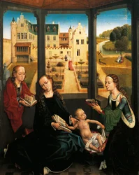Madonna och barn i en trädgård
