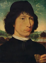 Porträtt av en man som håller ett mynt av kejsar Nero, 1474