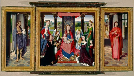 Jungfru Maria och barnet med helgon och donatorer, ca 1478 (olja på ek)